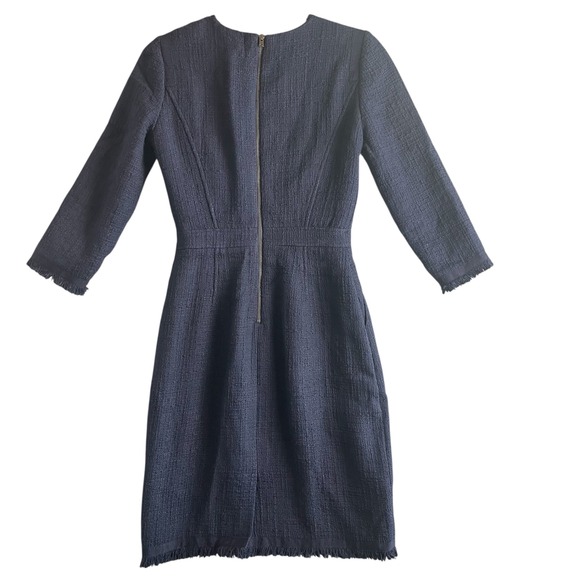 J. Crew Navy Textured Sheath Dress Fringed Hem 3/4 Sleeve Pockets Rear Slit 2 - Picture 3 of 12